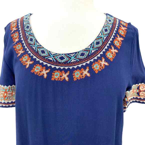 Mur Mur Mini Dress Womens Small Blue Embroidered Aztec Southwest Short Sleeve - Picture 3 of 8